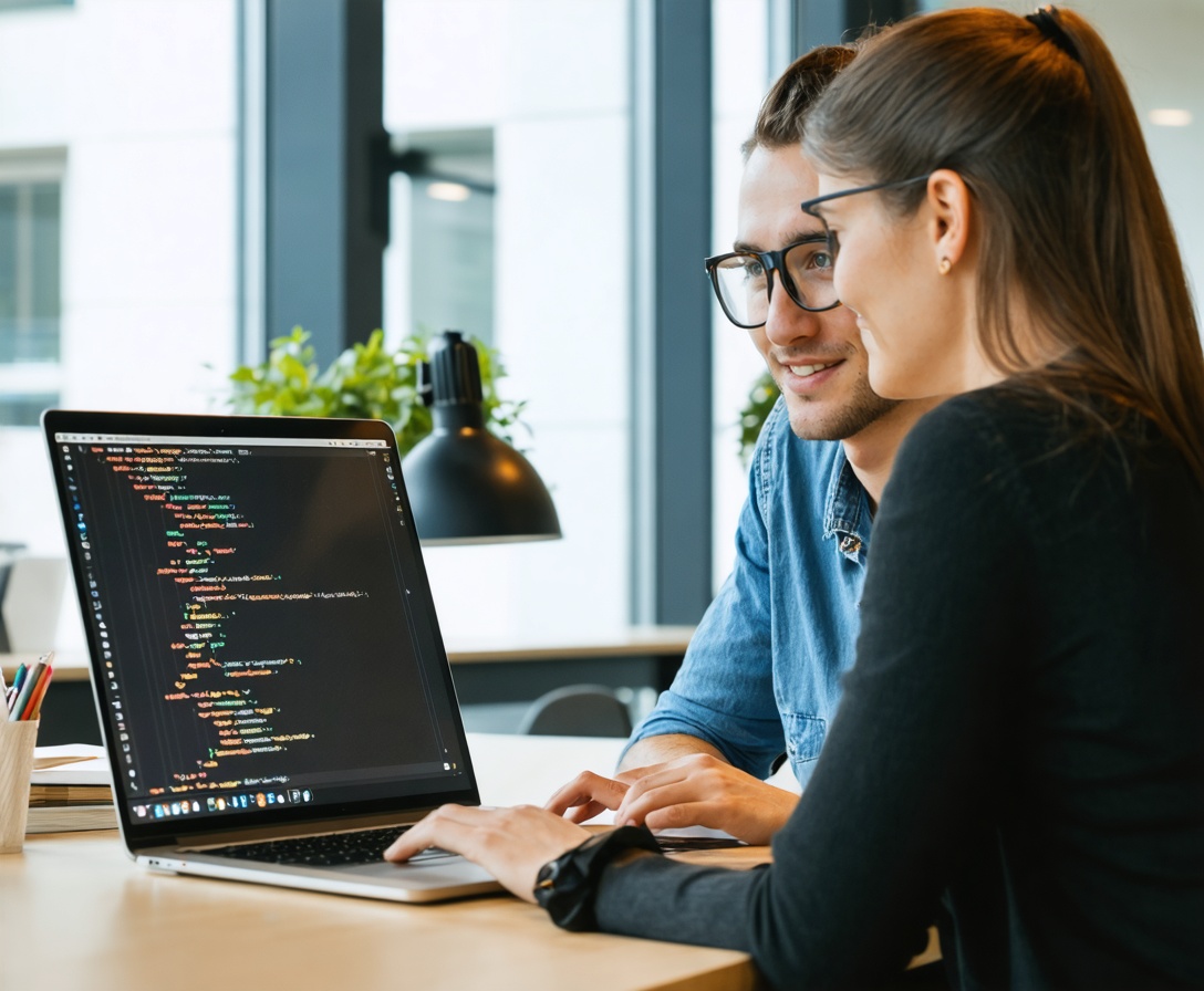 Mentor erklärt Code am Laptop